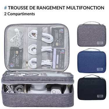 Trousse de Rangement Multifonction avec 2 Compartiments. Présentation des compartiments intérieurs pour cùbles et accessoires électroniques, ainsi que trois options de couleurs disponibles : gris, bleu et noir. Idéal pour organiser et protéger vos gadgets et équipements.